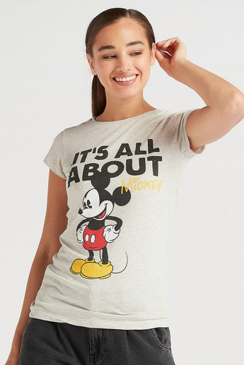 Mickey Mouse Print Crew Neck T-shirt with Cap Sleeves