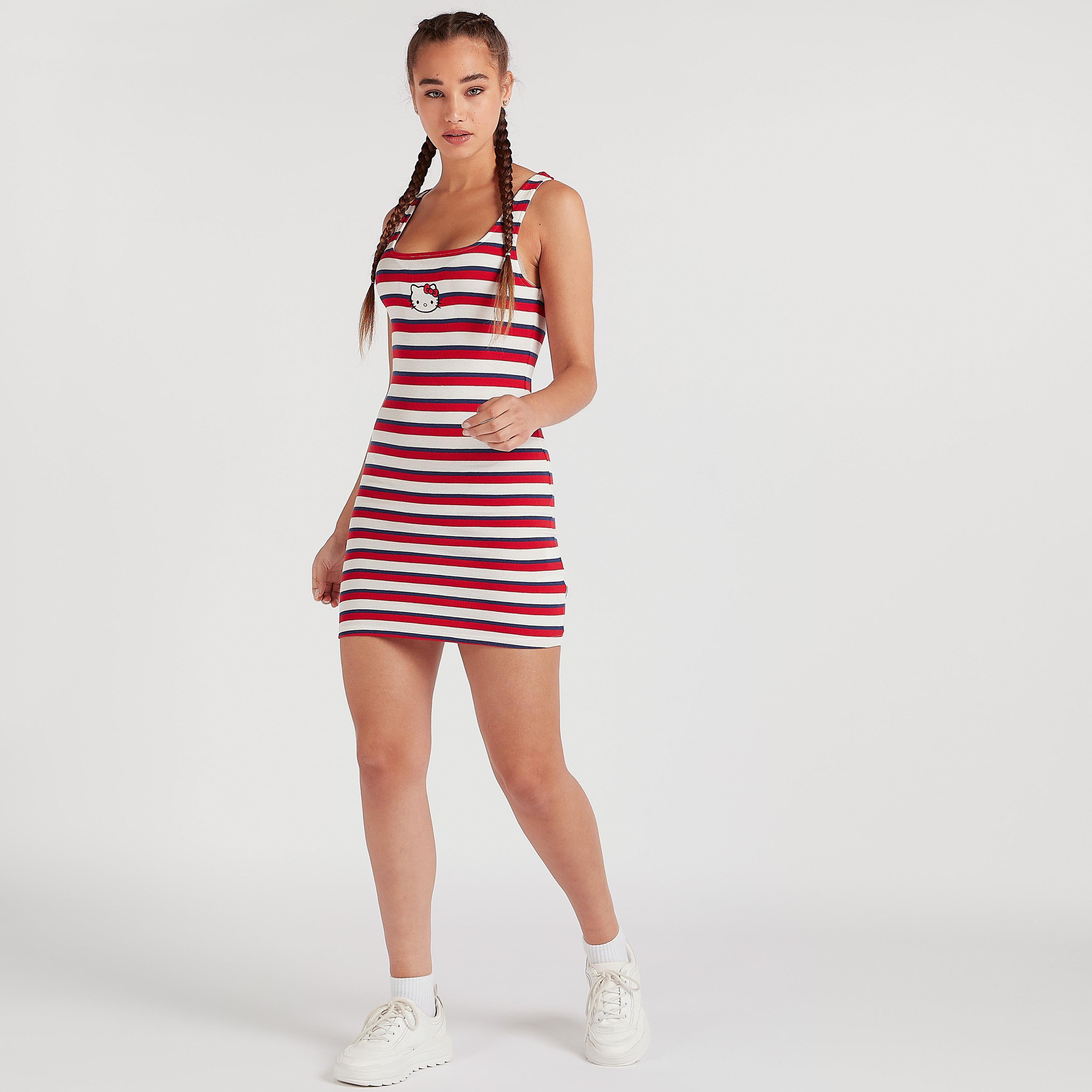 Shop Hello Kitty Print Striped Mini Bodycon Dress with Square Neck Online