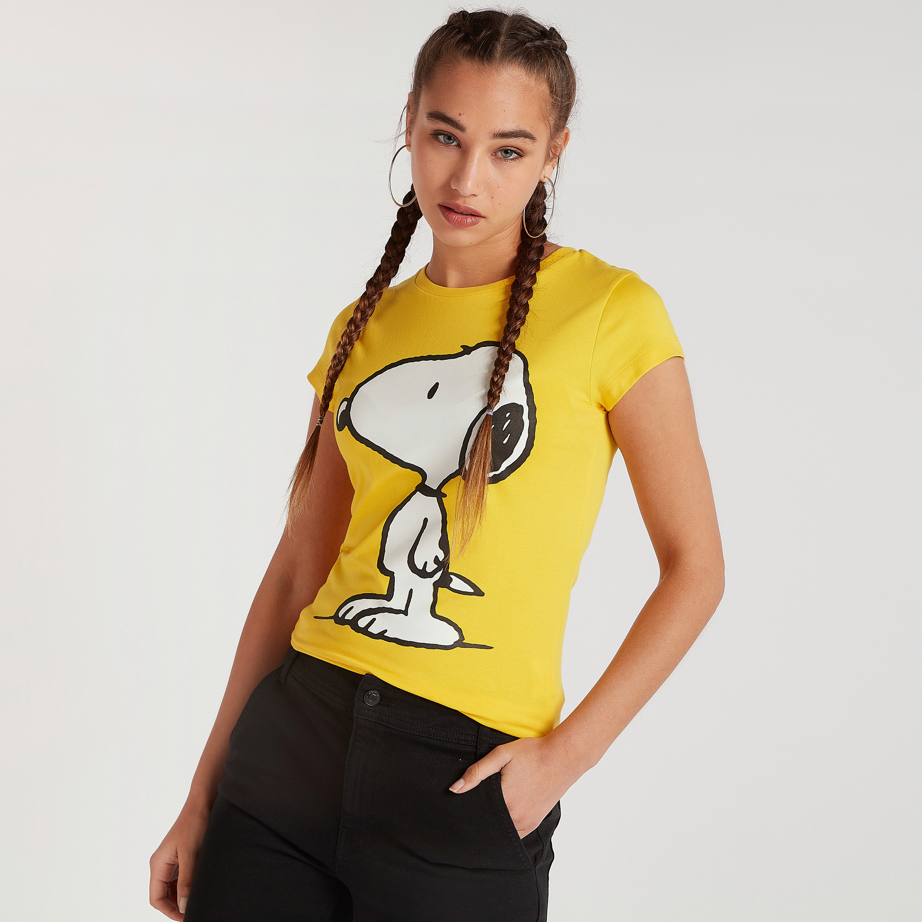 Peanuts Print T-shirt with Cap Sleeves and Crew Neck-women-clothing-tshirts-image-1