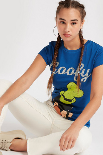 Sustainable Goofy Print Crew Neck T-shirt with Cap Sleeves