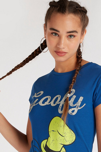 Sustainable Goofy Print Crew Neck T-shirt with Cap Sleeves