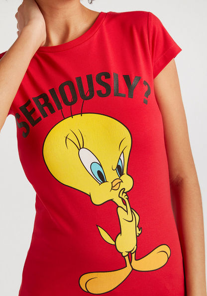Tweety Print T-shirt with Cap Sleeves and Crew Neck