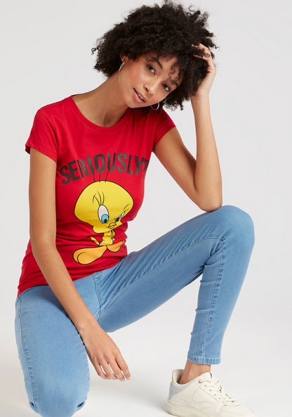 Tweety Print T-shirt with Cap Sleeves and Crew Neck