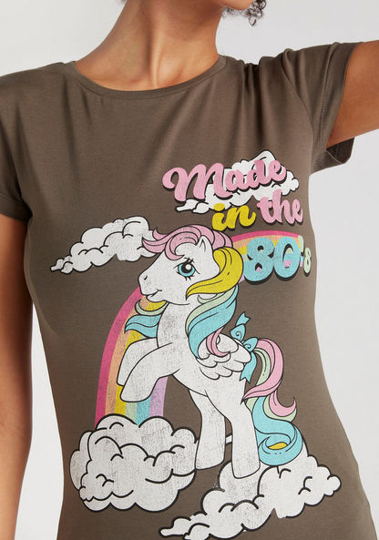 Unicorn Print Crew Neck T-shirt with Cap Sleeves