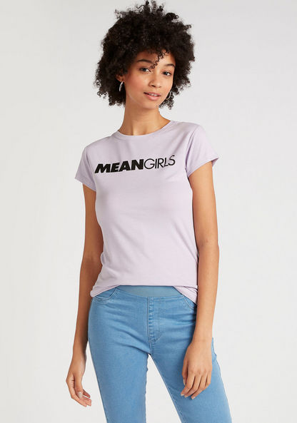 Typographic Print Crew Neck T-shirt with Cap Sleeves