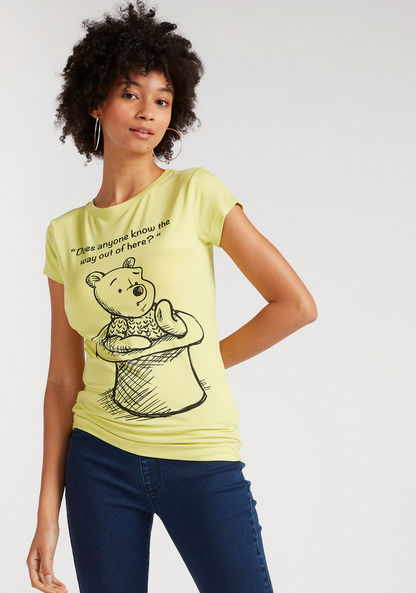 Winnie the Pooh Print T-shirt with Cap Sleeves