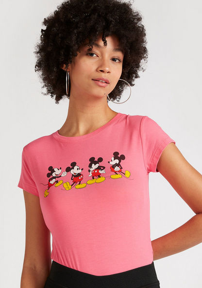 Mickey Mouse Print T-shirt with Cap Sleeves and Crew Neck