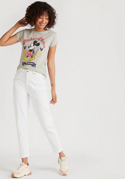 Mickey Mouse Print T-shirt with Crew Neck and Cap Sleeves