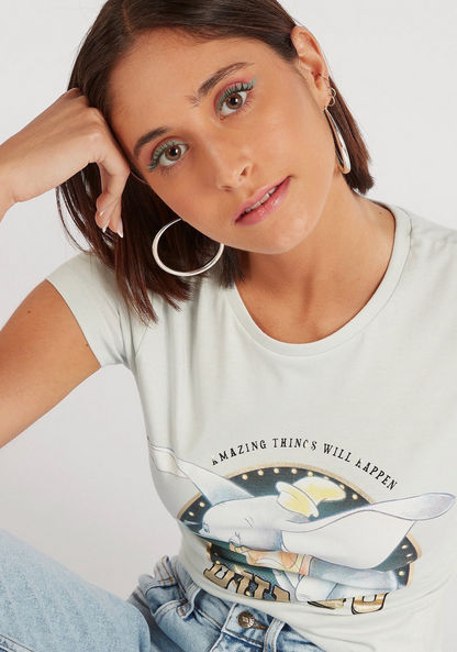 Dumbo Print Crew Neck T-shirt with Cap Sleeves
