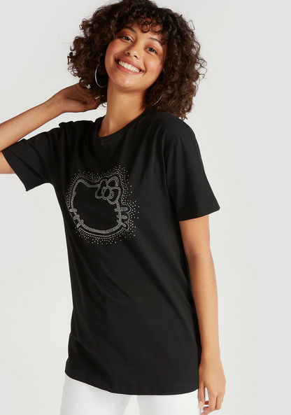 Hello Kitty Embellished T-shirt with Crew Neck and Short Sleeves