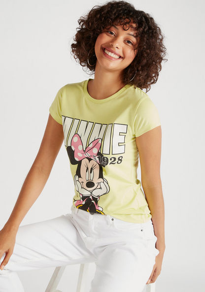 Minnie Mouse Print T-shirt with Cap Sleeves and Crew Neck