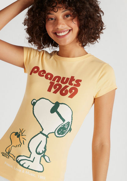 Peanuts Print T-shirt with Cap Sleeves and Crew Neck