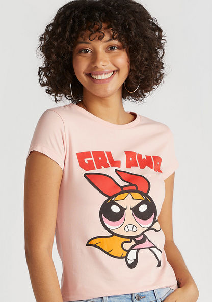 Power Puff Girls Print Crew Neck T-shirt with Cap Sleeves