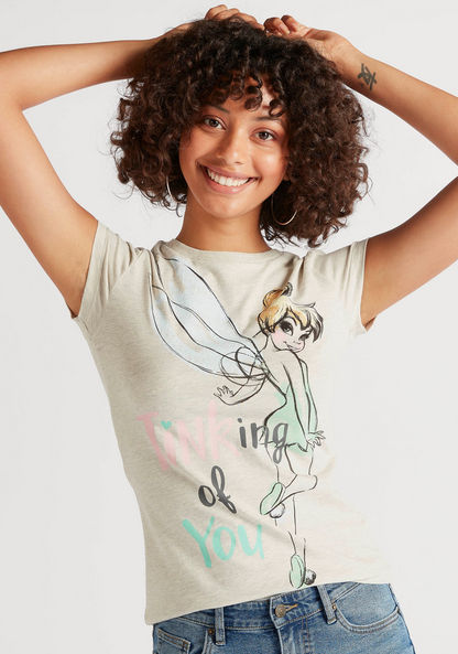 Tinkerbell Print T-shirt with Crew Neck and Cap Sleeves