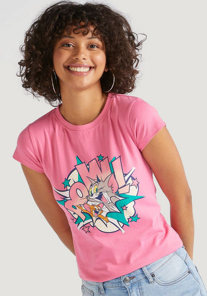Tom and Jerry Print Crew Neck T-shirt with Cap Sleeves