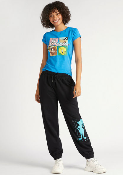Looney Tunes Print T-shirt with Crew Neck and Cap Sleeves