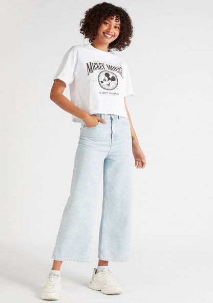 Mickey Mouse Print Crop T-shirt with Short Sleeves and Crew Neck