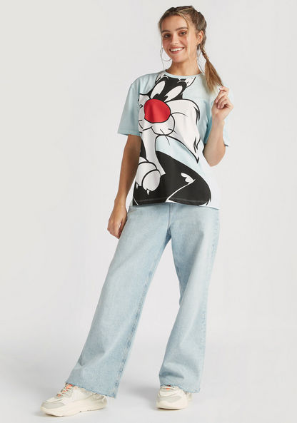 Sylvester The Cat Print T-shirt with Crew Neck and Short Sleeves