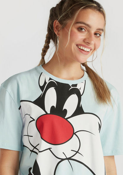 Sylvester The Cat Print T-shirt with Crew Neck and Short Sleeves