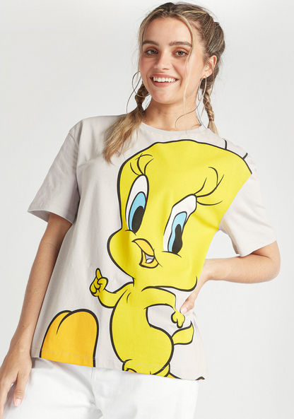 Tweety Print T-shirt with Crew Neck and Short Sleeves