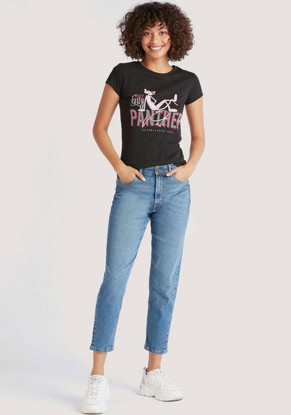 The Pink Panther Print T-shirt with Cap Sleeves and Crew Neck