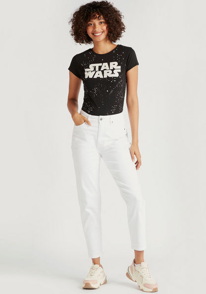 Star Wars Print T-shirt with Crew Neck and Cap Sleeves