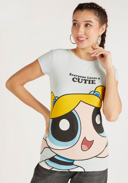 Powerpuff Girls Print T-shirt with Cap Sleeves and Crew Neck -T Shirts-image-0