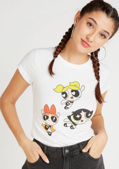 Powerpuff Girls Print Crew Neck T-shirt with Cap Sleeves-T Shirts-image-0