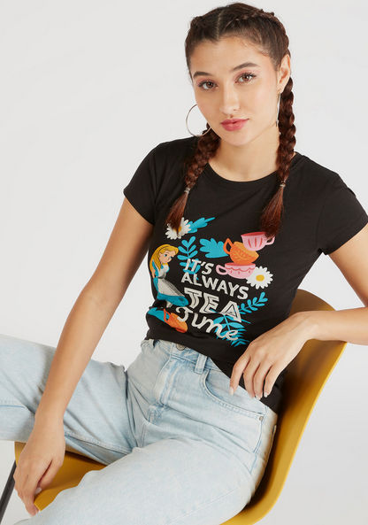 Alice in Wonderland Print Crew Neck T-shirt with Cap Sleeves-T Shirts-image-0
