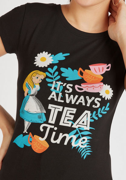 Alice in Wonderland Print Crew Neck T-shirt with Cap Sleeves-T Shirts-image-2