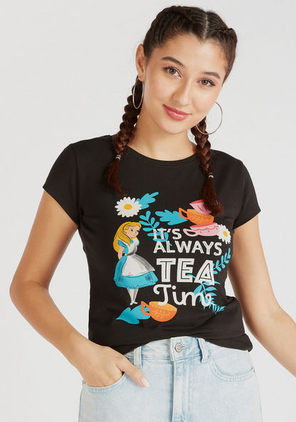 Alice in Wonderland Print Crew Neck T-shirt with Cap Sleeves-T Shirts-image-4