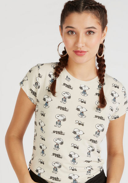 Snoopy Print Crew Neck T-shirt with Cap Sleeves-T Shirts-image-4