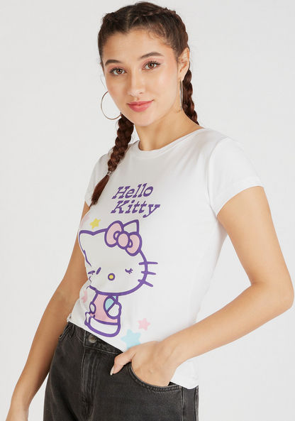 Hello Kitty Print Crew Neck T-shirt with Cap Sleeves-T Shirts-image-0
