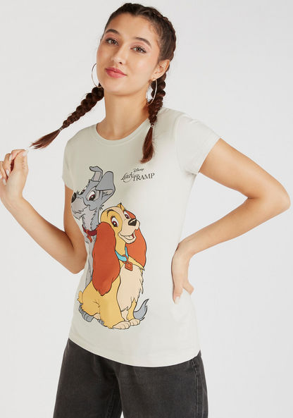 Lady and the Tramp Print Round Neck T-shirt with Cap Sleeves-T Shirts-image-0