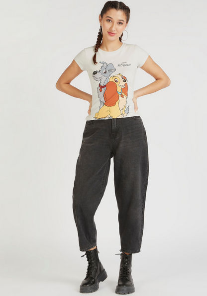 Lady and the Tramp Print Round Neck T-shirt with Cap Sleeves-T Shirts-image-1