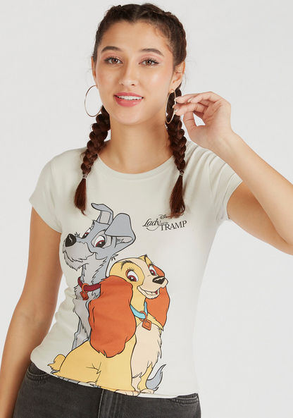 Lady and the Tramp Print Round Neck T-shirt with Cap Sleeves-T Shirts-image-2