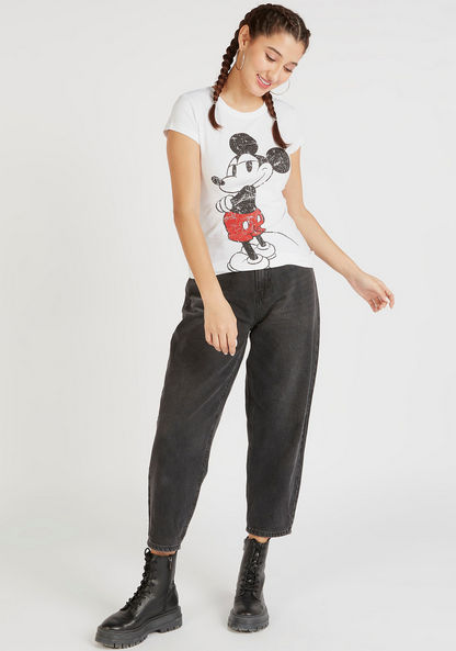Mickey Mouse Print Round Neck T-shirt with Cap Sleeves-T Shirts-image-1