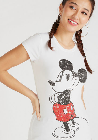 Mickey Mouse Print Round Neck T-shirt with Cap Sleeves-T Shirts-image-2