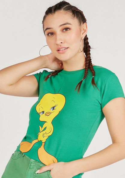 Tweety Print Crew Neck T-shirt with Cap Sleeves-T Shirts-image-0