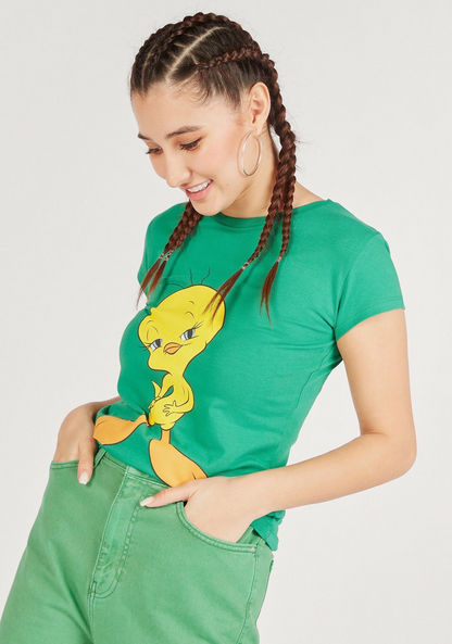 Tweety Print Crew Neck T-shirt with Cap Sleeves-T Shirts-image-2