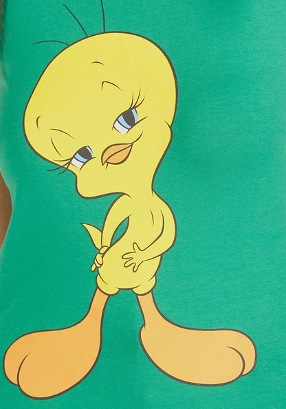Tweety Print Crew Neck T-shirt with Cap Sleeves-T Shirts-image-4