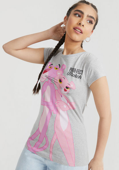Pink Panther Print Crew Neck T-shirt with Short Sleeves-T Shirts-image-0