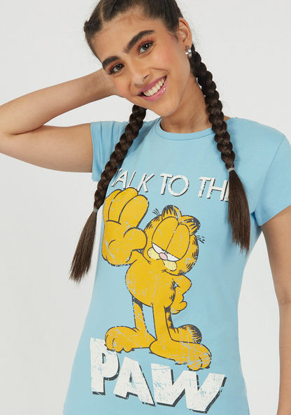 Garfield Print Crew Neck T-shirt with Cap Sleeves-T Shirts-image-0