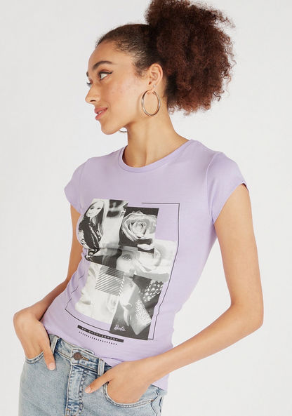 Barbie Print Crew Neck T-shirt with Cap Sleeves-T Shirts-image-0