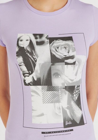 Barbie Print Crew Neck T-shirt with Cap Sleeves-T Shirts-image-4