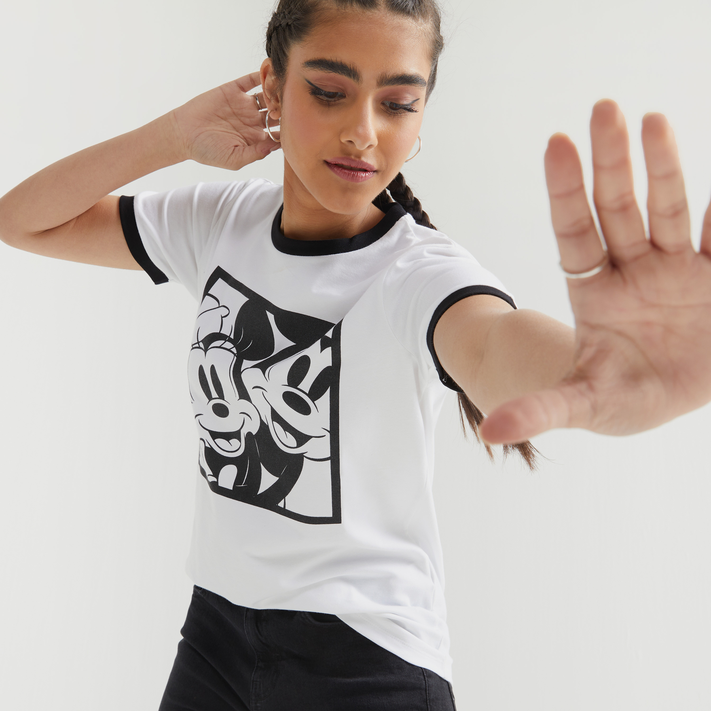 Mickey Mouse Print Crew Neck T-shirt with Short Sleeves-women-clothing-tshirts-image-1