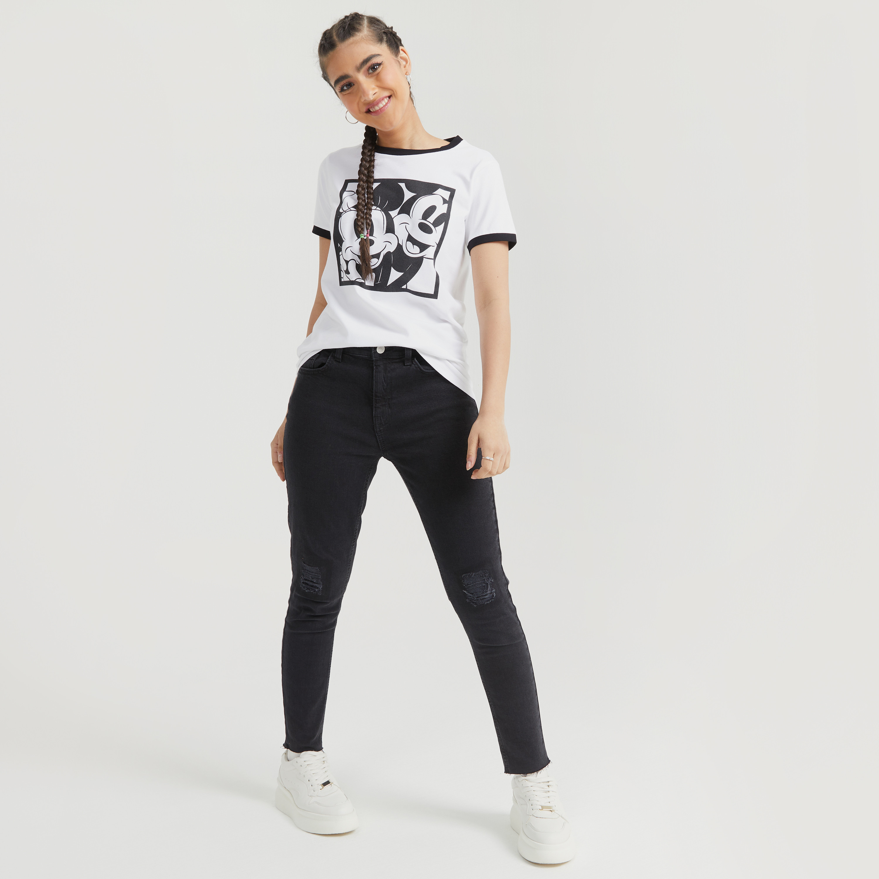 Mickey Mouse Print Crew Neck T-shirt with Short Sleeves-women-clothing-tshirts-image-2