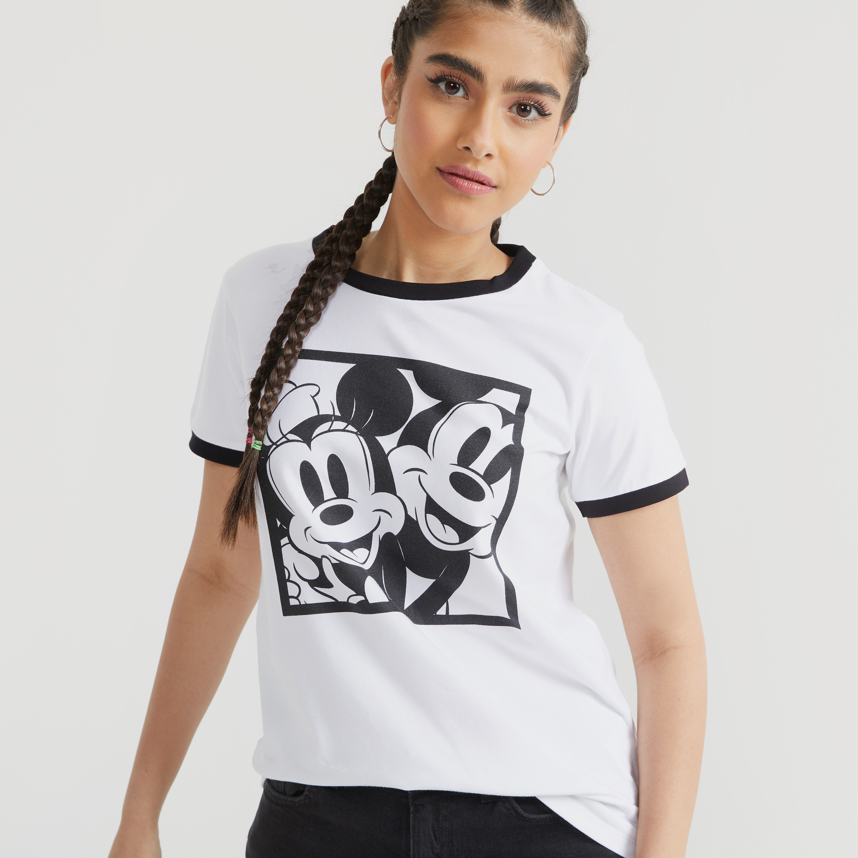 Mickey Mouse Print Crew Neck T-shirt with Short Sleeves-women-clothing-tshirts-image-3