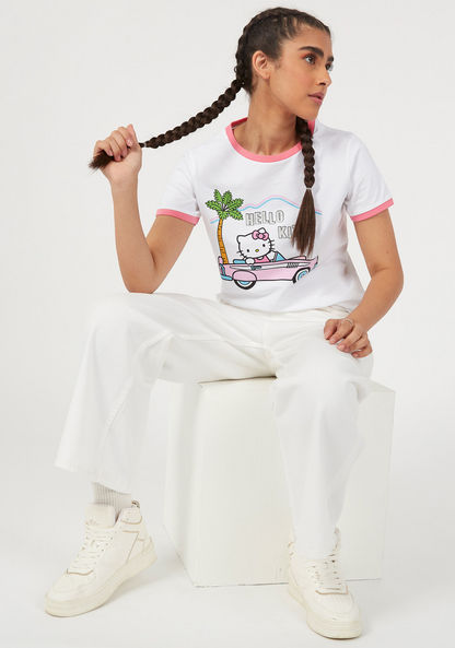 Hello Kitty Print Crew Neck Ringer T-shirt with Short Sleeves-T Shirts-image-0