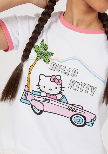 Hello Kitty Print Crew Neck Ringer T-shirt with Short Sleeves-T Shirts-image-2